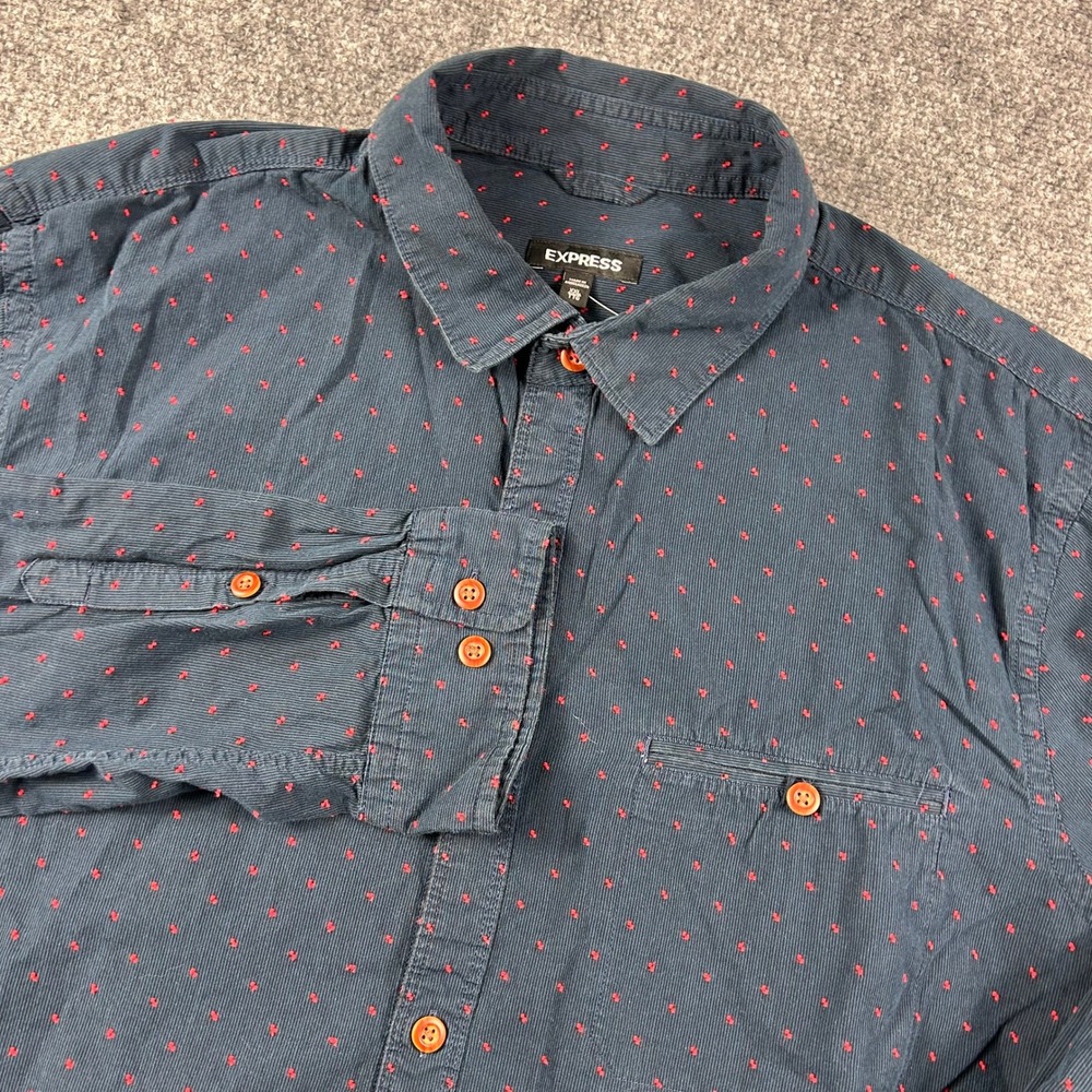 Express Button Down Shirt Mens XXL Blue Corduroy Red Dot Long Sleeve Casual